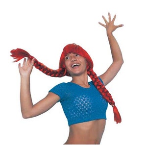 May include: A red wig with long, braided pigtails. The wig features a full fringe and is styled with two thick braids. The person is wearing a blue crop top. The wig is a costume accessory.