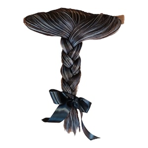 May include: A long, dark brown braid with a black ribbon tied at the end.