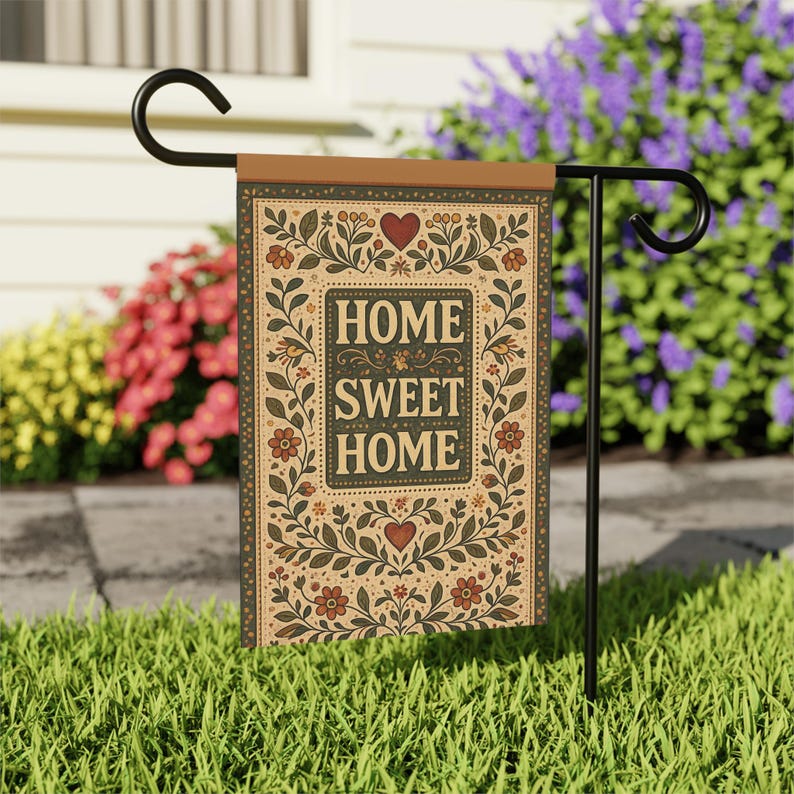 Home Sweet Home Garden Flag | House Banner, Folk Floral Design image 2