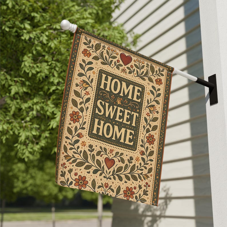 Home Sweet Home Garden Flag | House Banner, Folk Floral Design image 1