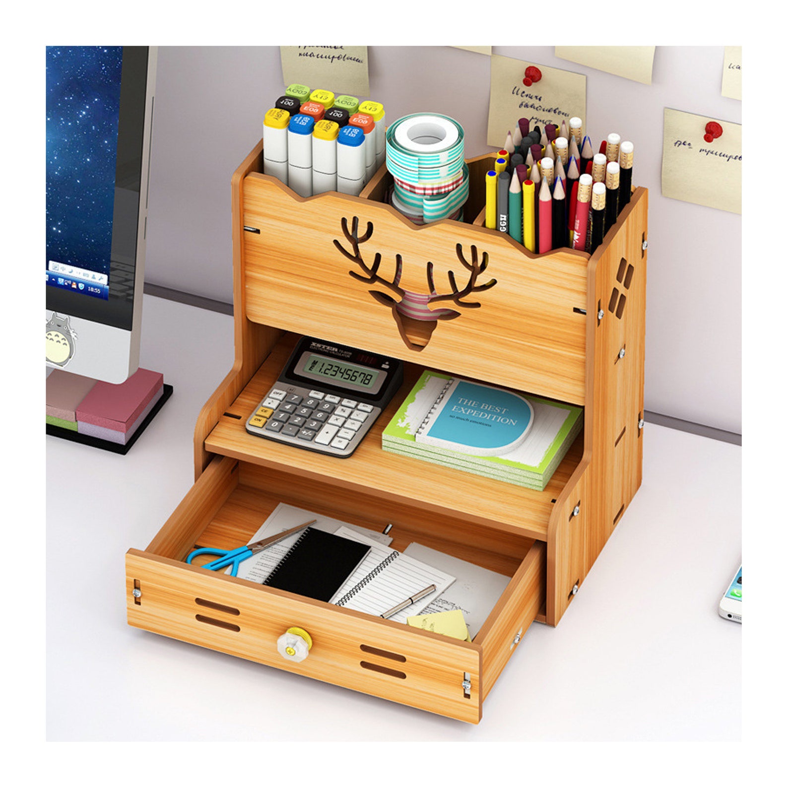 Wooden Desktop Organizer With Block Art Supply Organizer Desk Etsy
