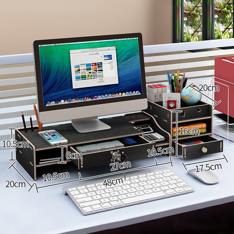 Monitor Stand Riser Desk Organizer With Drawer Lock Organize Etsy