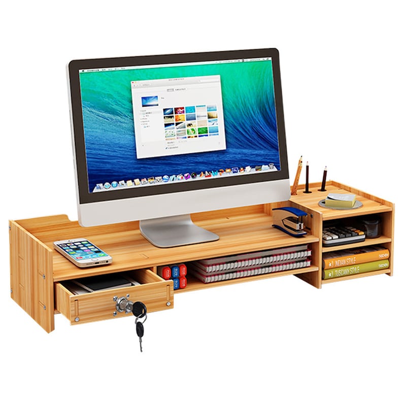 Monitor Stand Monitor Riser Desk Organizer With Drawer Lock Etsy