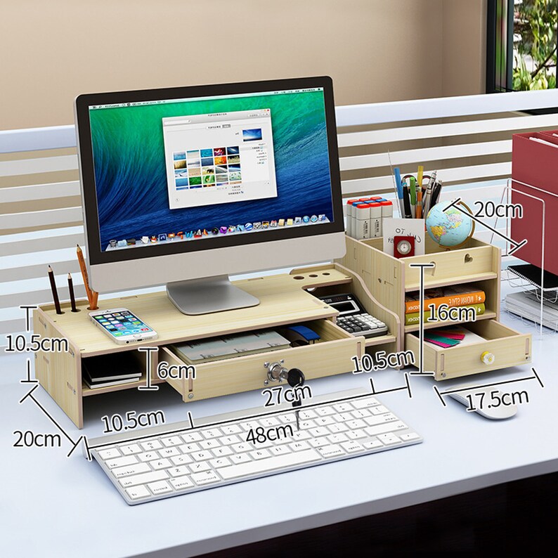 Monitor Stand Riser Desk Organizer With Drawer Lock Organize Etsy