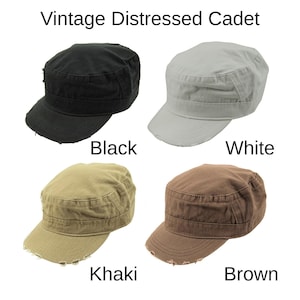 Black/White/Khaki Vintage Distressed Military Cap-Military Cap-Cadet Army Cap-Military Style Distressed Washed Cotton Cadet Army Caps Adult