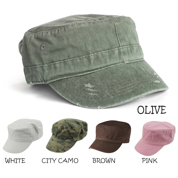 Military Cap-Olive,White,City Camo,Brown, Pink -Cadet Army Cap-Military Style Distressed Washed Cotton Cadet Army Caps for Unisex Adult