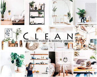 Puede incluir: Un collage de imágenes de diseño de interiores con plantas, muebles y decoración. La palabra "CLEAN" se muestra en letras grandes, con el texto "Lightroom mobile & desktop presets" debajo. Las imágenes muestran una estética brillante y aireada.