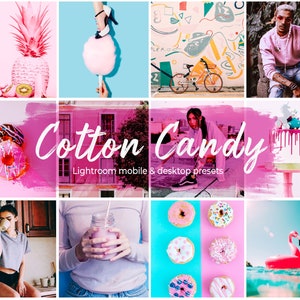 Könnte beinhalten: Eine Collage aus Bildern mit einem rosa und blauen Farbschema. Die Bilder zeigen einen Ananas, Zuckerwatte, ein Fahrrad, eine Person in einem rosa Pullover, einen Donut, einen Kuchen, eine Person, die aus einem Glas trinkt, eine Person, die einen Milchshake hält, Donuts, einen Flamingo-Schwimmring und den Text "Cotton Candy Lightroom mobile & desktop presets".