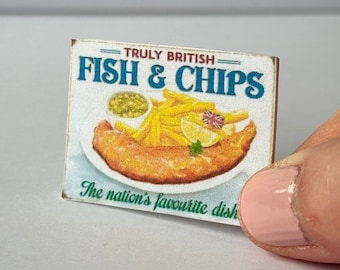 Dollhouse Miniature Fish and Chips Sign, 1:12 Scale Dollhouse miniatures decor, Handmade Dollhouse Miniature Accessory, Miniature wall art