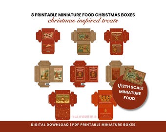 May include: An image showcasing eight printable miniature food Christmas boxes. The boxes are in various designs, including gingerbread cookies and candy canes. The text reads "8 Printable Miniature Food Christmas Boxes" and "Christmas Inspired Treats."