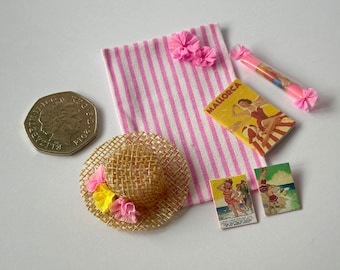 Miniature seaside bundle of 6 items, 1:12 Scale Dollhouse Accessories, Miniature Decor, Beach Miniatures, Miniature Beach Towel.