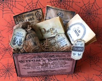 Miniature Witches Potions and Spell Books, Halloween Dollhouse miniatures, Halloween miniatures, Doll house miniatures,1:12 Scale,Fall Minis