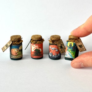 Set of 4 halloween potion jars, 1/12th Scale dollshouse miniatures, magical potion bottles, decorative potion bottles, bottled potions.