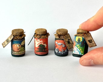 Set of 4 halloween potion jars, 1/12th Scale dollshouse miniatures, magical potion bottles, decorative potion bottles, bottled potions.