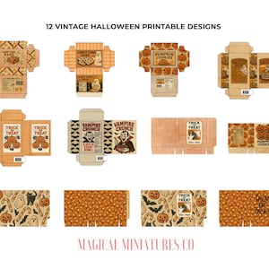 Puede incluir: Doce diseños imprimibles vintage de Halloween con cajas y embalajes en miniatura. Los diseños incluyen cajas para caramelos de maíz, galletas de calabaza y cereales Vampire Crunch. Los diseños son en tonos naranja, marrón y beige, con ilustraciones de Halloween.