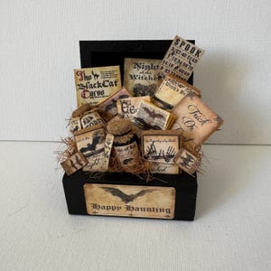 Op de afbeelding: Een miniatuur zwarte houten kist vol Halloween-thema items. De kist bevat kleine boeken, een bingokaart en een pot met het label "Rain of Rats Fine Oil". De kist is versierd met een vleermuis en de woorden "Happy Haunting."