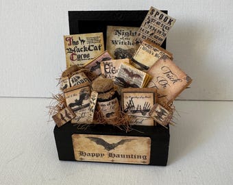 Casa de muñecas en miniatura 1:12, baúl de brujas espeluznante con hechizos y pociones: casa encantada en miniatura, decoración de casa de muñecas espeluznante.