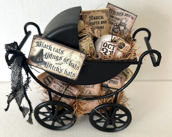 Limited Edition 1:12 scale Dollhouse halloween pram with Potions & Spells, Spooky miniatures, Halloween miniatures, Dolls house miniatures.