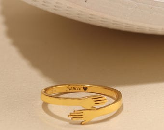 Personalized Sterling Silver Wrap Ring: Custom Name, Hands Ring