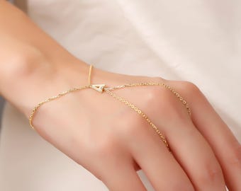 Dainty Gold Hand Chain Bracelet: Custom Initial, Sterling Silver, Christmas Gift For Her
