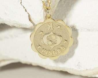 Sterling Silver Pisces Necklace: Double Sided Zodiac Constellation Pendant