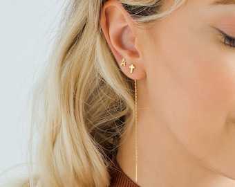 Sterling Silver Initial Threader Earrings: Personalized Dangle Earrings