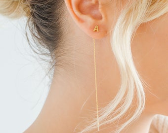 Sterling Silver Heart Threader Earrings: Custom Initial Dainty Earrings, Christmas Gift