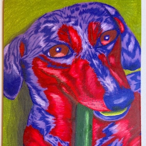 magnet of my colored pencil drawing Rawhide showing my dog with a chew bone