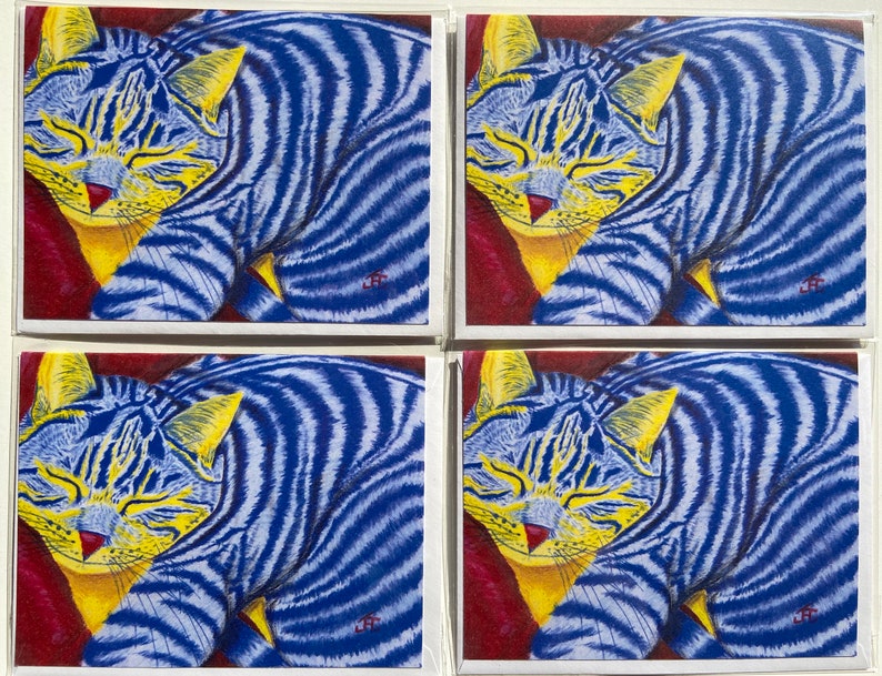 sleeping content yellow and blue cat Note Cards of my colored pencil drawing Nap Time set of 4
