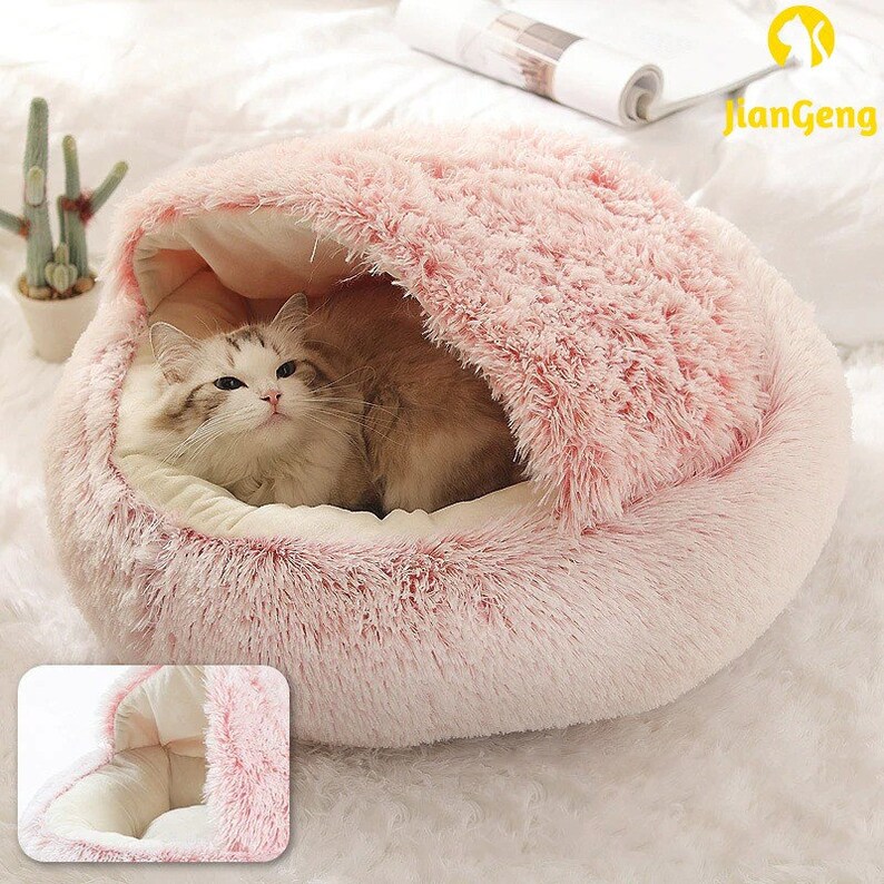 2in1 Warm Round Cat Dog Pet Bed House Soft Long Plush Nest Etsy