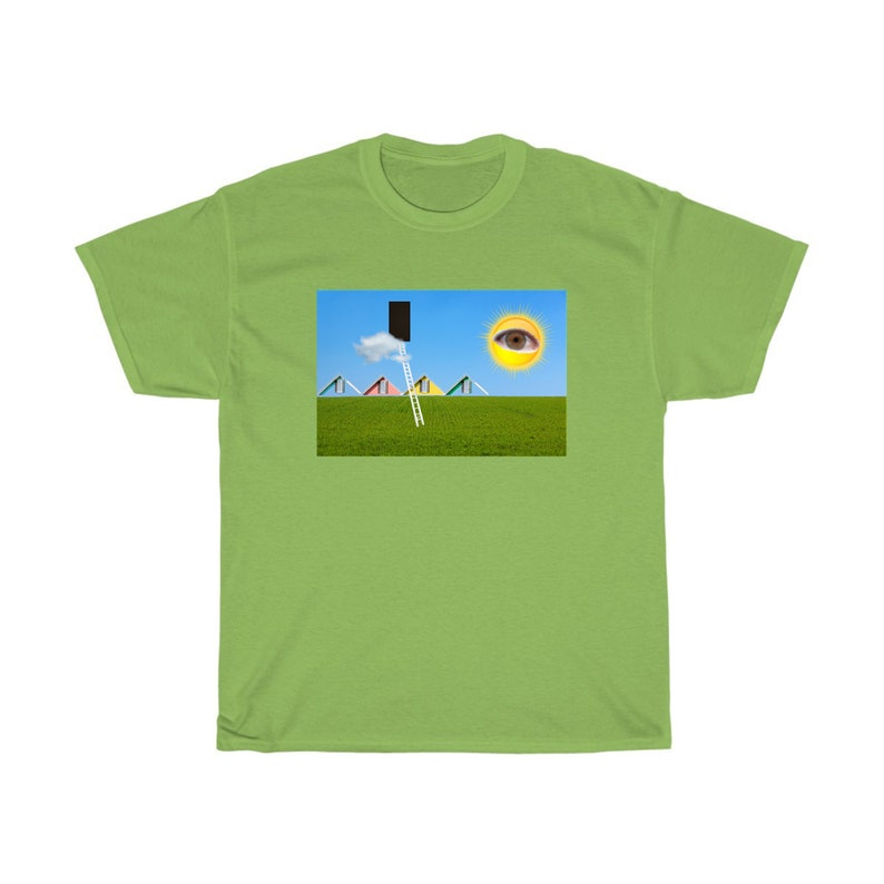 May include: A lime green t-shirt featuring a surreal graphic. The graphic depicts a sunny sky with a large eye, a ladder leading to a black rectangle, and colorful triangular shapes on a green field. The shirt is made of a soft, comfortable material.