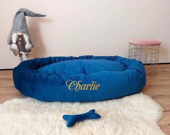 Personalized Blue Dog Bed | Custom Pet Bed with Embroidery | Handmade Dog Cushion | Blue Pet Bedding | Dog Nap Spot | Dog bed large dogs