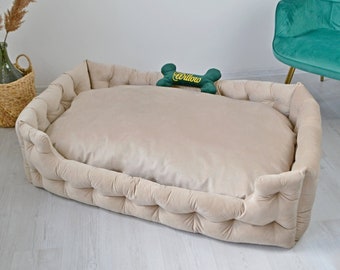 Personalized light brown dog bed, washable, large dog