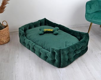 Cama para perros verde esmeralda: cueva personalizada para gatos, cesta de terciopelo hecha a mano