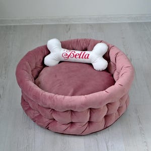 Pink Velvet Dog Bed: Calming Pet Bed, Personalized Bone Pillow