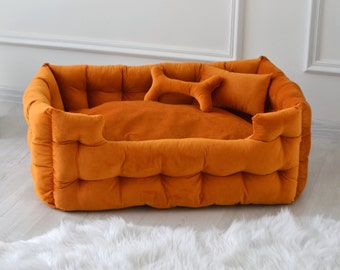 Haustierangstbett für große Hunde in Orange mit Personalisierung