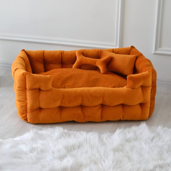 Pet anxiety bed for large dogs in orange with personalization