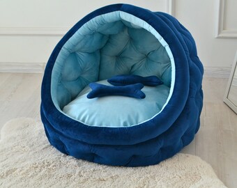 Blue Velour Dog & Cat Cave: Handmade, Anti-Claw Pet Bed