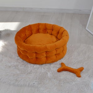 Orange Velvet Dog Bed: Calming Pet Bed, Personalized