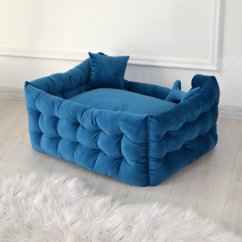 Blue pet bed, Velours dog bed, dog bed large dogs