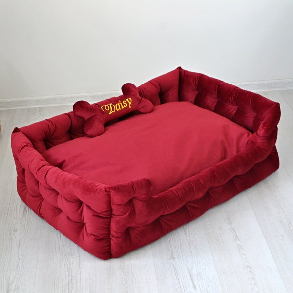 Orthopedic red dog beds for medium dogs embroidered with your pet's name