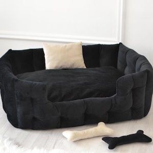 Black Velour Dog Bed with Pillow: Washable Pet Bed
