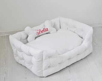 White handmade velor dog bed with your pet's name embroidered