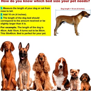 Instructions for determining the size of the bed for pets. You need to measure the pet from the end of the nose to the end of the body and then add 10 cm. This will be the desired length of the bed
