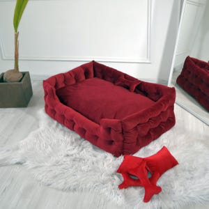 Red personalized pet anxiety bed handmade for big dogs and small cats