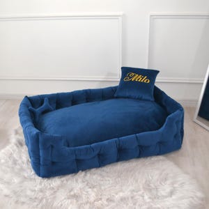 Handmade Blue Dog Bed: Personalized Embroidered Pillow, Anti-Claw Velour