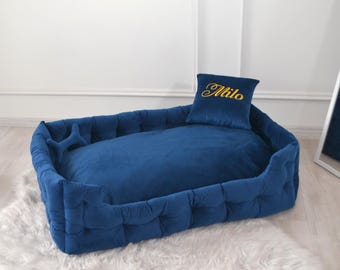 Handmade Blue Dog Bed: Personalized Embroidered Pillow, Anti-Claw Velour