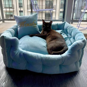 Luxury Handcrafted Pet Bed with Custom Embroidery for Dogs and Cats – Personalized Velvet Tufted Bed
