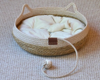 Cat Bed: Boho Rope Basket with Cushion