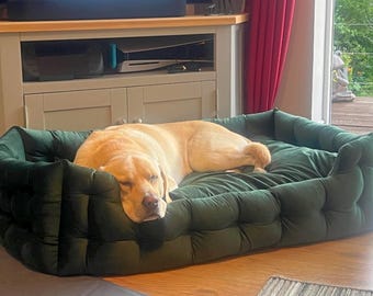 Cama verde para perros, hecha a mano, 6 tamaños diferentes y 25 colores diferentes.